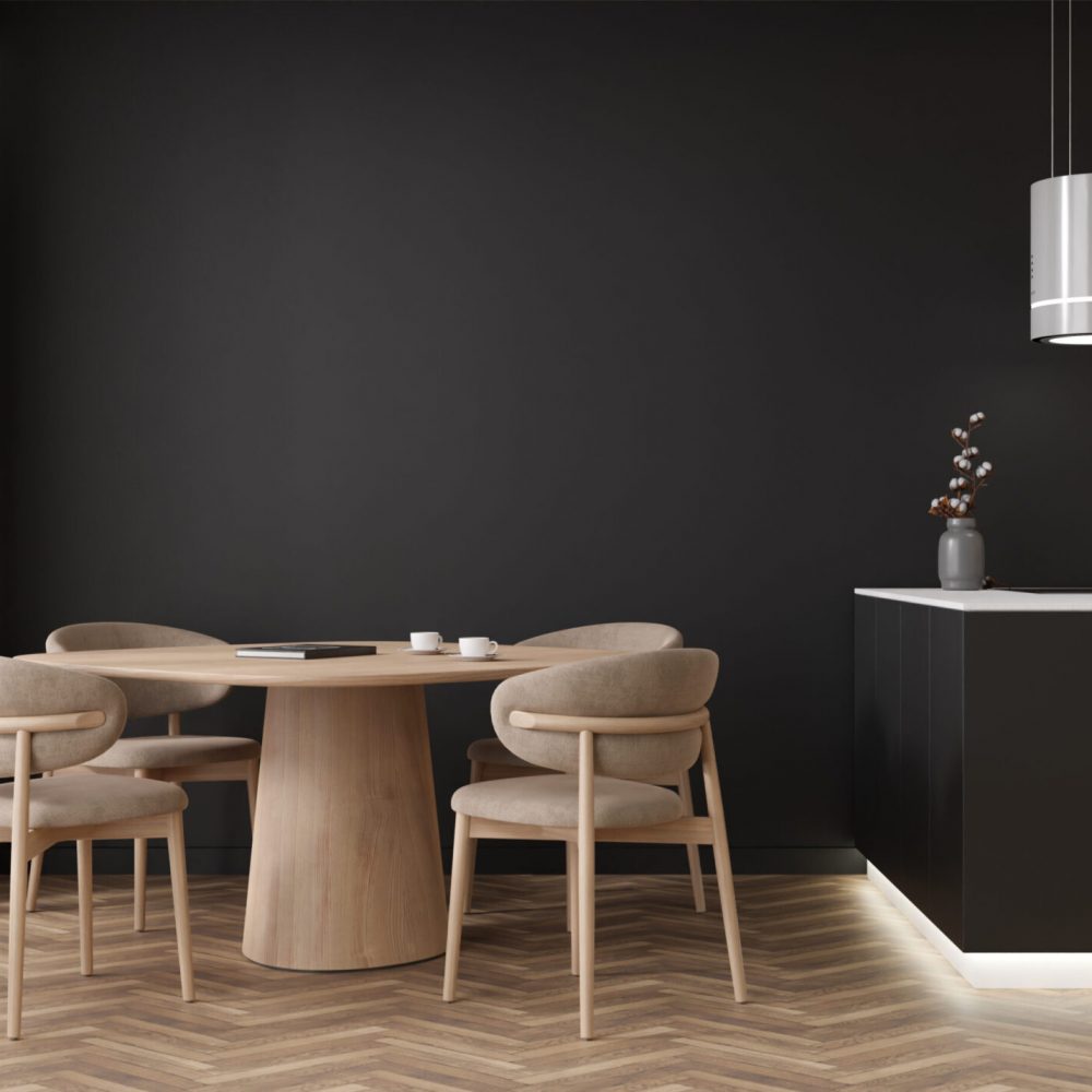 Empty black wall in modern living room. Mock up interior in contemporary style. Free, copy space for your picture, text, or another design. Dining table with chairs, kitchen, parquet floor. 3D render