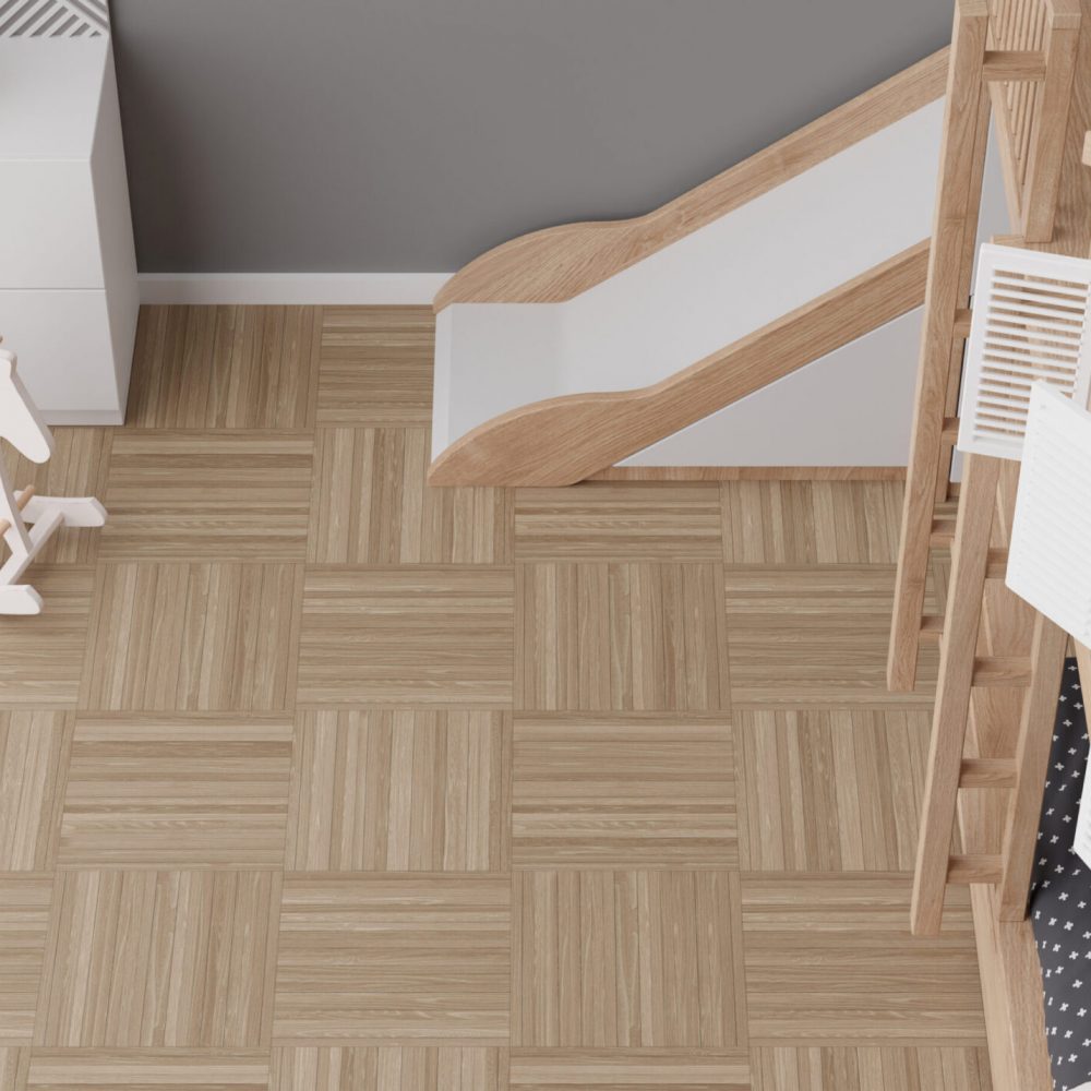 Room mock up for carpet. Children's room interior in scandinavian, contemporary style. Top view. Empty, copy space on parquet floor for your carpet or rug design. Modern template. 3D rendering